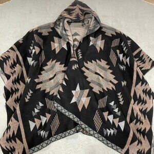 Reversible Hooded Poncho Cardigan Aztec Print One Size
